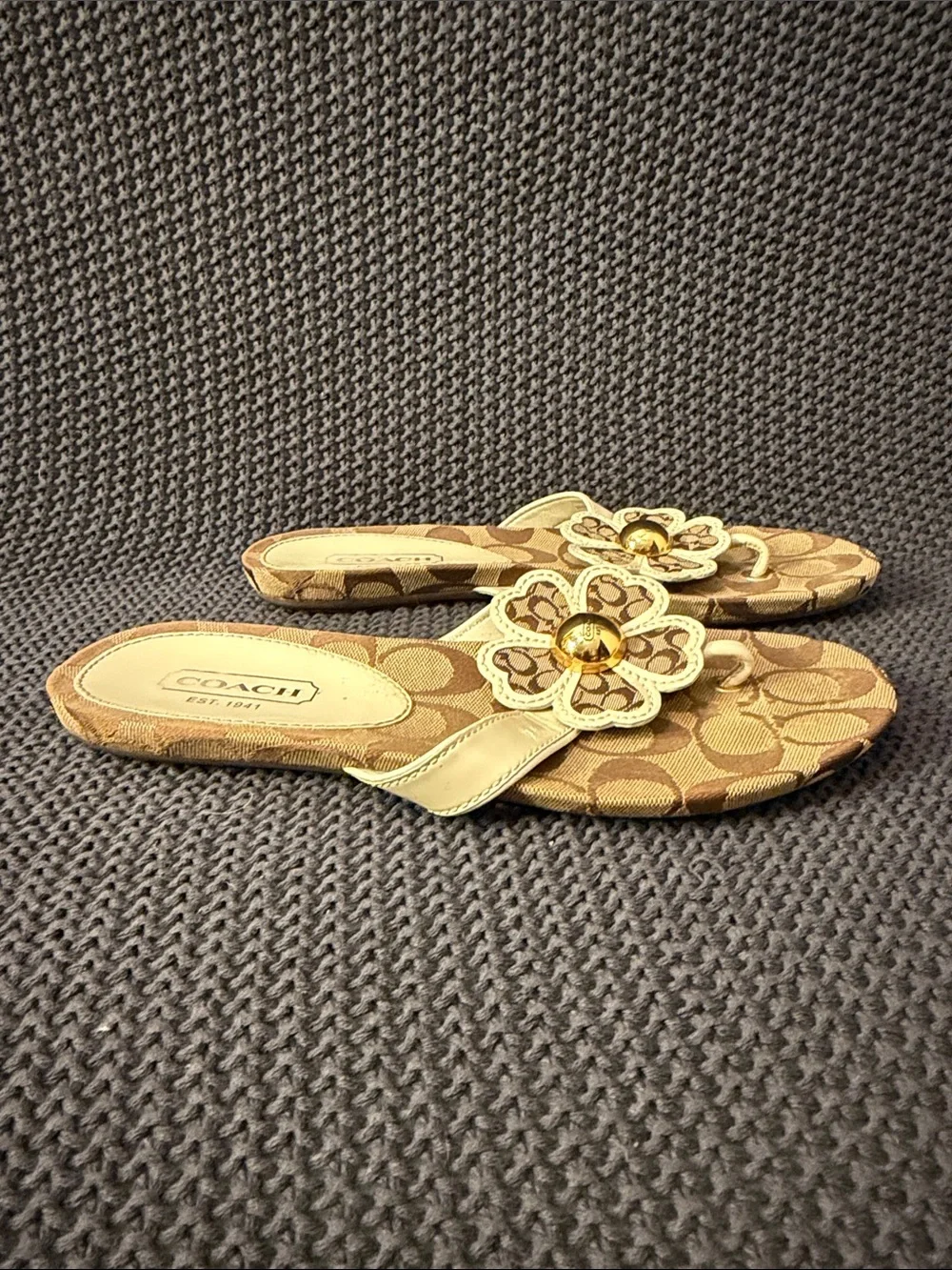 Coach Beige Signature Floral Thong Sandals with Gold Accent